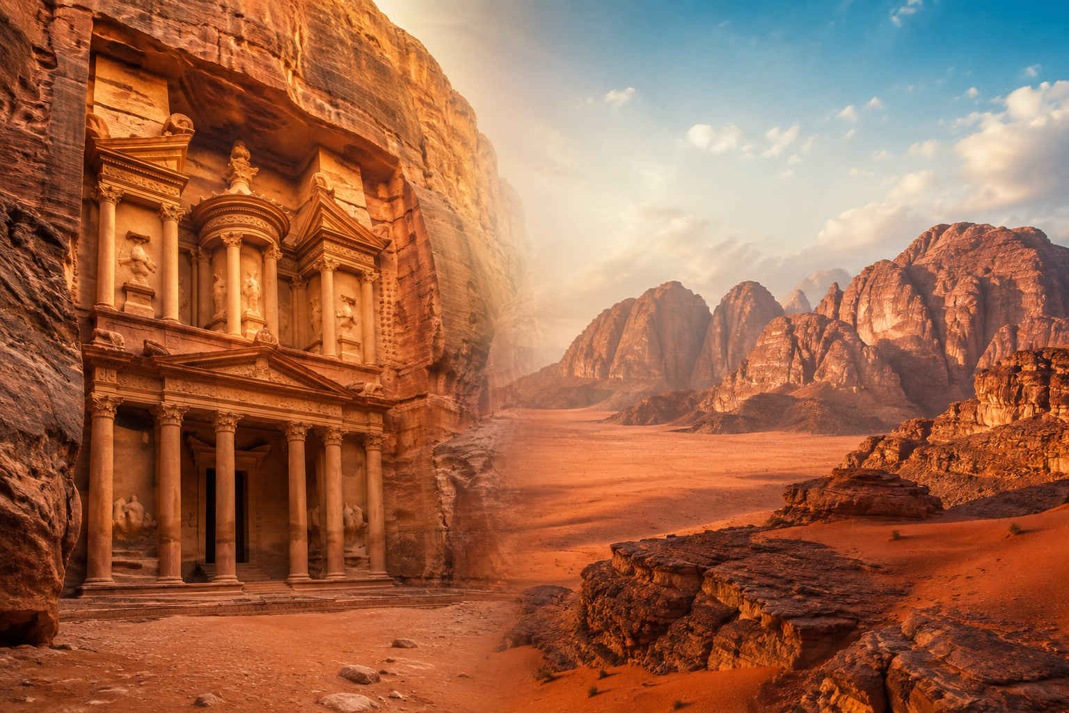 Jordan travel landscape — Petra and Wadi Rum